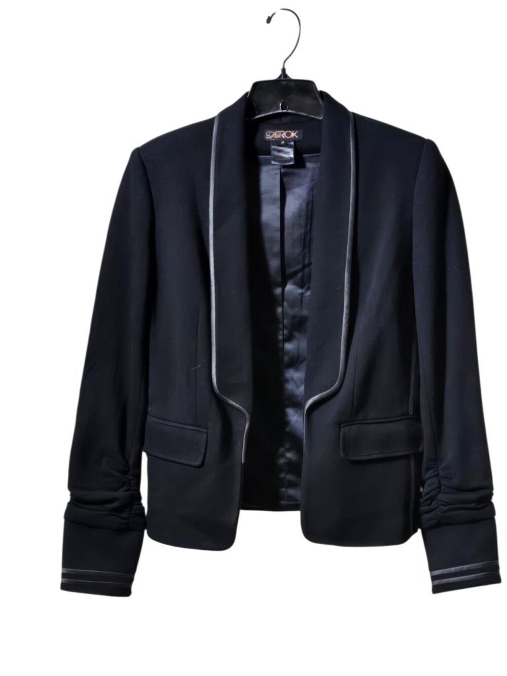 La Rok Black Open Front Blazer XS Satin Trim Ruched Sleeve Career Jacket
